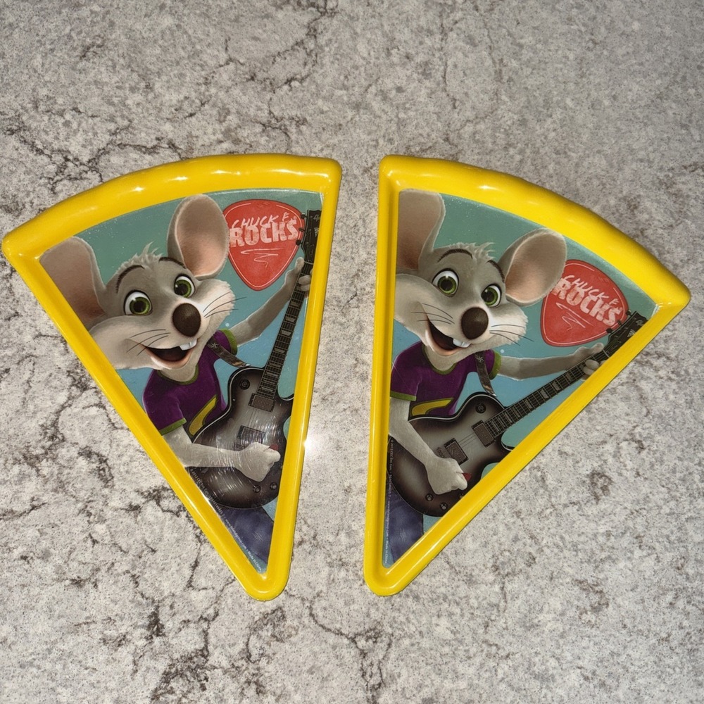 Set Of 2 Chuck E. Cheese Pizza Shaped Plastic Plate Plates Chuck E Rocks Guitar